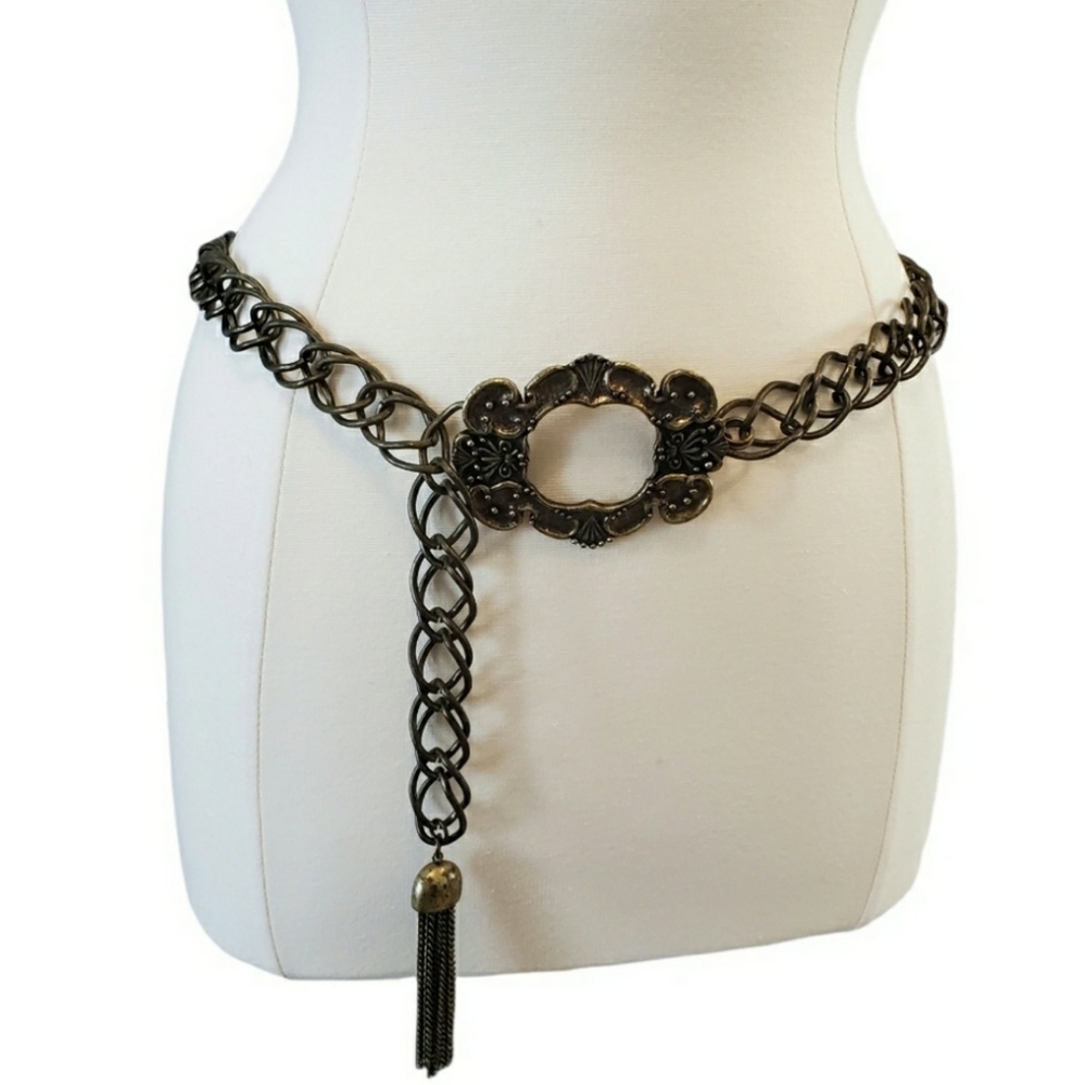 VINTAGE Antique Gold Medallion and Chain Tassel Chain Belt